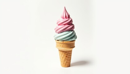 Colorful Swirled Ice Cream Cone with Pink and Blue Topping in a Waffle Cone on White Background