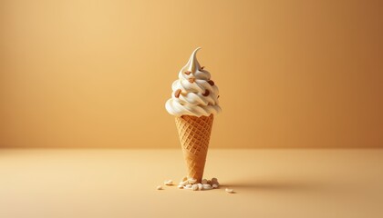 Delicious Soft Serve Ice Cream Cone on a Minimalist Background with Nuts and Caramel Drizzle