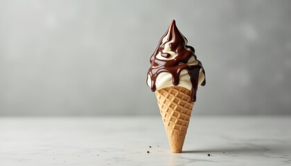 Delicious Soft Serve Ice Cream Cone with Rich Chocolate Sauce Dripping on Marble Surface
