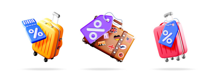 Three travel suitcases with discount and percentage tags. Summer travel sale concept for booking and vacation agency.