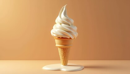 Delicious Soft Serve Ice Cream Cone Melting on a Warm Surface with Creamy Swirls and Cone