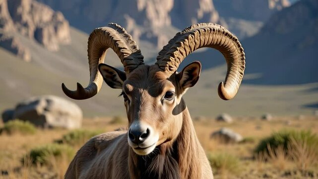 A striking close-up showcases a magnificent Markhor with its large corkscrew horns curving gracefully, set against a blurred rocky mountain backdrop.