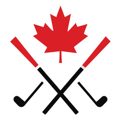 Maple leaf with crossed golf clubs isolated on white background
