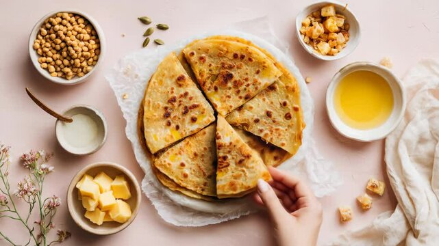 Woman taking a slice of Indian paratha bread from a platter, arranged with ingredients around it for food and recipe footage.
