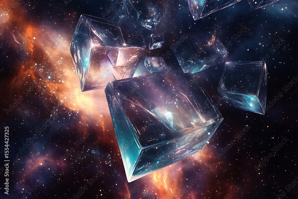 Poster • floating prisms in deep space surrounded by shifting light