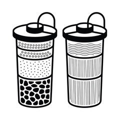 Two stylized reusable cups with patterned designs and carrying handles