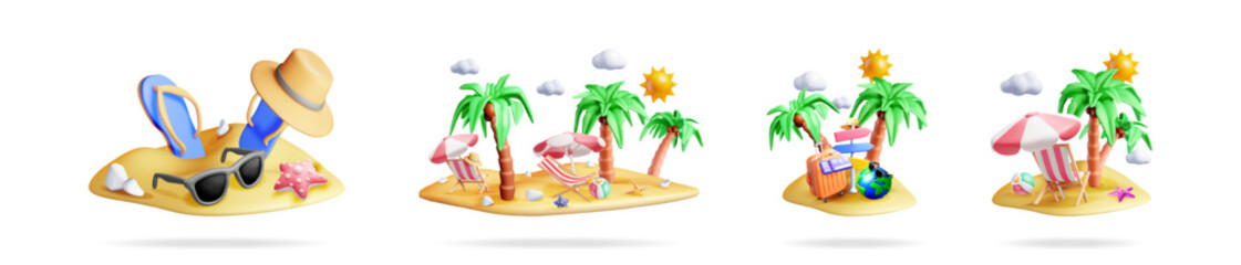 A collection of 3d travel and tropical vacation elements featuring islands, palms, beach chair, parasol, luggage illustration.
