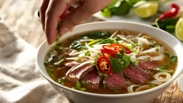 A person's hand placing sliced chili into a bowl of traditional beef pho soup. Delicious asian noodles cuisine for dinner. Food concept footage.