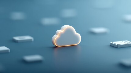 Cloud Technology Empowering Data Storage and Connectivity, Cloud computing icon surrounded by digital elements on a minimalist blue background.