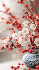 Close-up of vibrant Chinese New Year floral arrangement with red and gold blossoms.