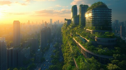 Green sustainable city with futuristic buildings integrated into forest landscape.
