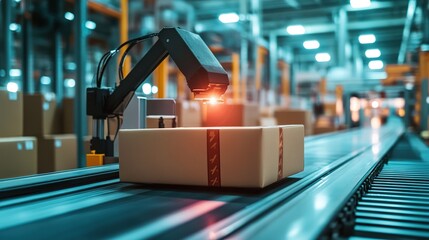 Robotic arm scans packages on a conveyor belt in a modern warehouse with bright, industrial lighting and organized storage shelves.