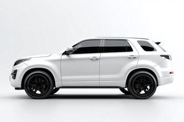 Naklejka premium Looking at the side of an SUV, with a white background, the car body design has a clean, minimalist style with pure front headlights and black windows.