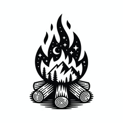 Monochrome Campfire Design with Mountains Stars and Crescent Moon