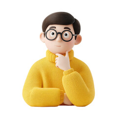 Thoughtful Character in Yellow Sweater with Glasses Pondering an Idea in a Creative and Playful Style