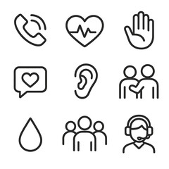 Mental Health Icons. Outline icon set of mental health support line: lifeline phone, heart with pulse, calming hand gesture,