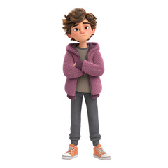 Young boy with curly hair wearing a cozy hoodie and casual outfit posing confidently for a cheerful and stylish portrait