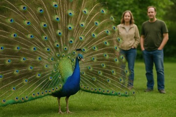 Obraz premium Majestic peacock displays vibrant plumage.
