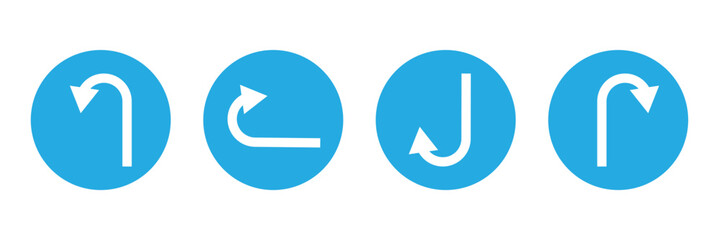 Go Straight This Way One Way Only U Turn Left and Right Blue and White Arrow Round Circle Traffic Sign Direction Icon Set. Vector Image. EPS 10 . Vector Illustration . 