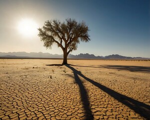 Lone Tree in Arid Desert Landscape with Cracked Earth Symbolizing Perseverance and Adaptation