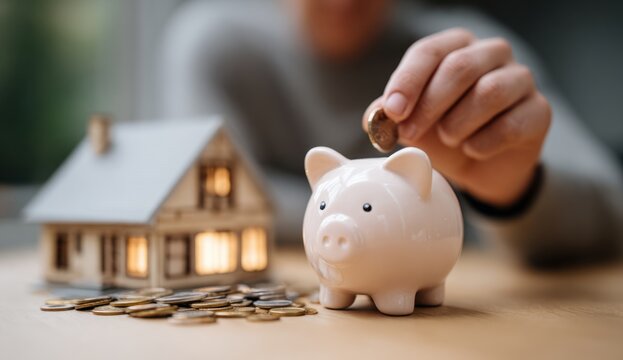 A hand carefully places a coin into a pink piggy bank, representing diligent savings for a dream home.