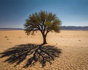 Lone Tree Dominates Arid Desert Scene with Striking Shadow Patterns on Cracked Earth Under a Bright Sunny Sky