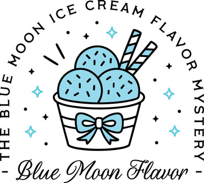 Naklejki Blue moon ice cream flavor trendy American summer bright color flavored funny quotes shirt design. Whimsical mystery scoops in a cup with bow preppy celestial aesthetic illustration sticker clipart.