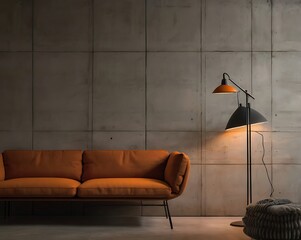 Stylish Orange Sofa and Modern Lamp Against Concrete Wall Create a Contemporary Interior Design Scene