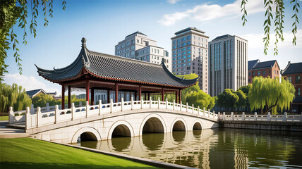 Obraz premium Traditional Chinese pavilion architecture with an ornate roof stands by water in an ancient Asian garden landscape under the sky