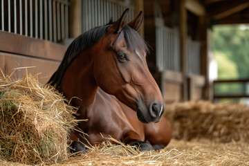 horse relaxing in her environment after earning a pleasant retirement.