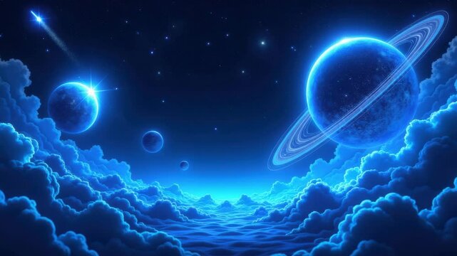 Dark blue space with glowing star and glowing blue plant rotating animation, blue  galaxy planet with space animation, galaxy clouds blue fluffy clouds