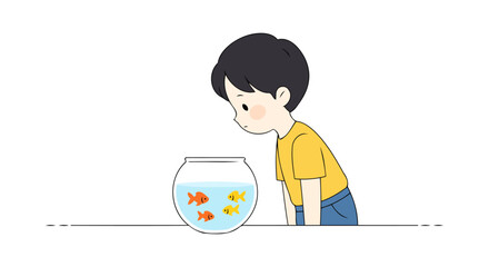 Cute Boy Watching His Pet Goldfish in a Fishbowl