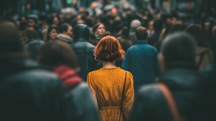 A woman standing still in a busy city while everyone around her turns their backs, symbol of social rejection and alienation, ultra-realistic 