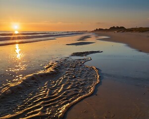 Golden Hour at the Beach Captures the Tranquil Beauty of the Ocean and Shoreline at Sunset