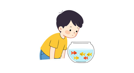 A Cute Boy Tenderly Watching His Pet Goldfish in a Fishbowl