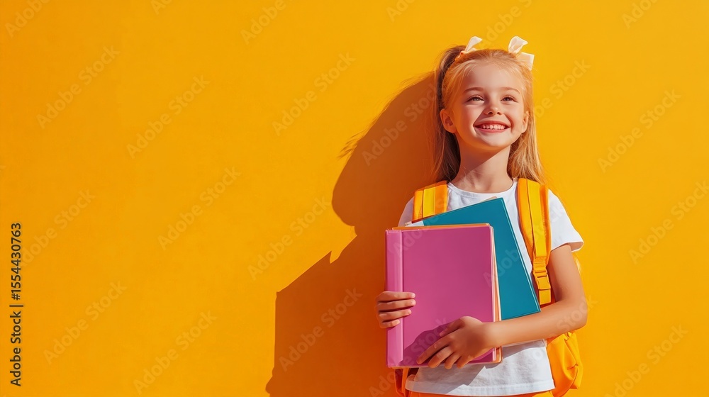 Aufkleber cheerful elementary school student with backpack is holding colorful textbooks and smiling while loo