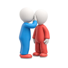 Two 3D characters engaging in a secret conversation in a friendly and playful manner, showcasing trust and communication