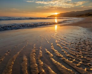 Tranquil Beach at Sunset with Golden Light Reflecting on the Wet Sand and Gentle Ocean Waves