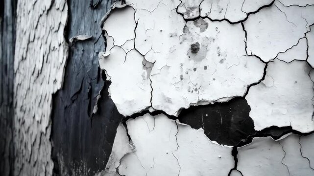 Close up of peeling white paint with black underneath revealing the cracks and textures of an aged wall surface