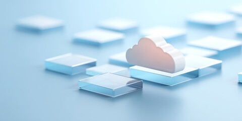 Cloud Technology Empowering Data Storage and Connectivity, Digital cloud computing concept with transparent squares and a central cloud icon against a light background.