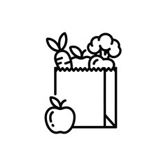 Simple line art icon of a paper grocery bag filled with fresh vegetables and fruits