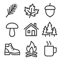 Fototapeta premium Nature-inspired Icon Set. Outline icon set of nature-inspired relaxation: pine branch, autumn leaf, acorn, mushroom fungus, simple