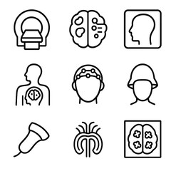 Obraz na płótnie Canvas Neural Imaging Icons. Outline icon set of neural imaging techniques: MRI scanner, fMRI brain map, CT scan, PET scan, EEG cap, MEG