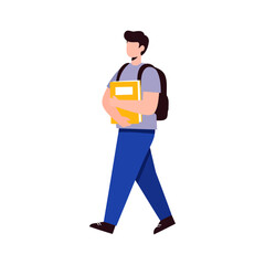 Student Walking to Class with Backpack and Books, Education Concept