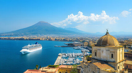 Illustration of a city and harbor with Mount Vesuvius in the background. Illustration of popular places in the world.
