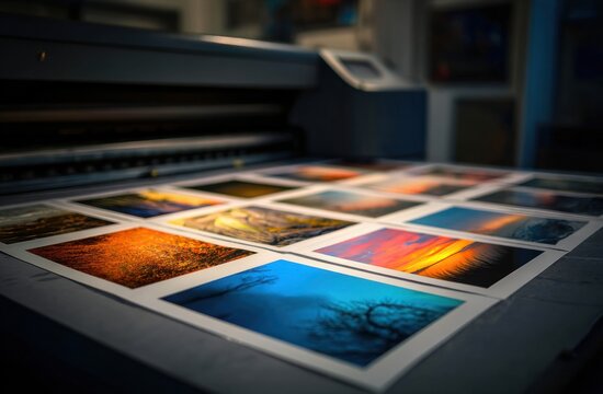 A large format printer meticulously produces a collection of stunning, colorful landscape photographs.