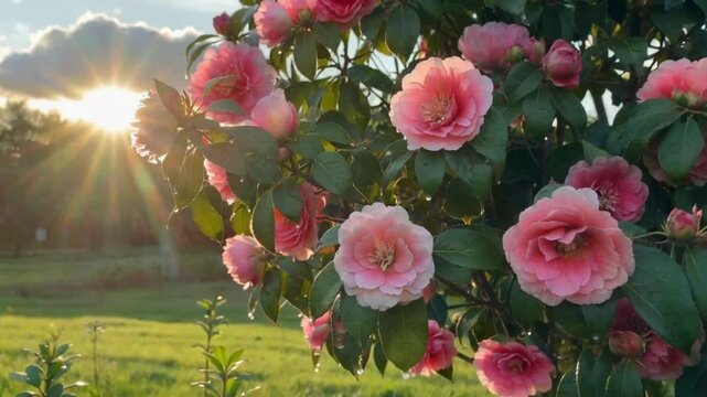 Pink camellias in bloom with sunlight shining through the background hd video , 4k video , mp4