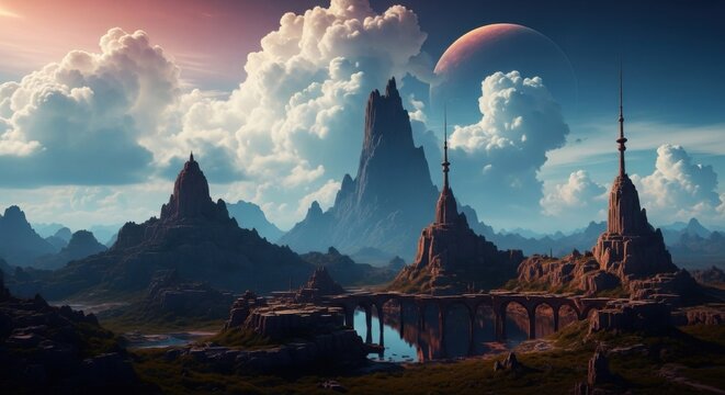 Alien planet landscape with ancient monolithic structures under a distant planetary sky