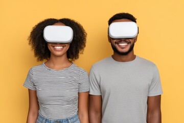 Two joyful friends experiencing immersive virtual reality gaming together in a vibrant yellow backdrop showcasing the excitement and innovation of digital entertainment in modern culture