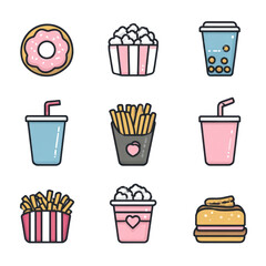Colorful Fast Food Icons Featuring Snacks, Drinks, and Treats for Fun Food-themed Designs and Illustrations